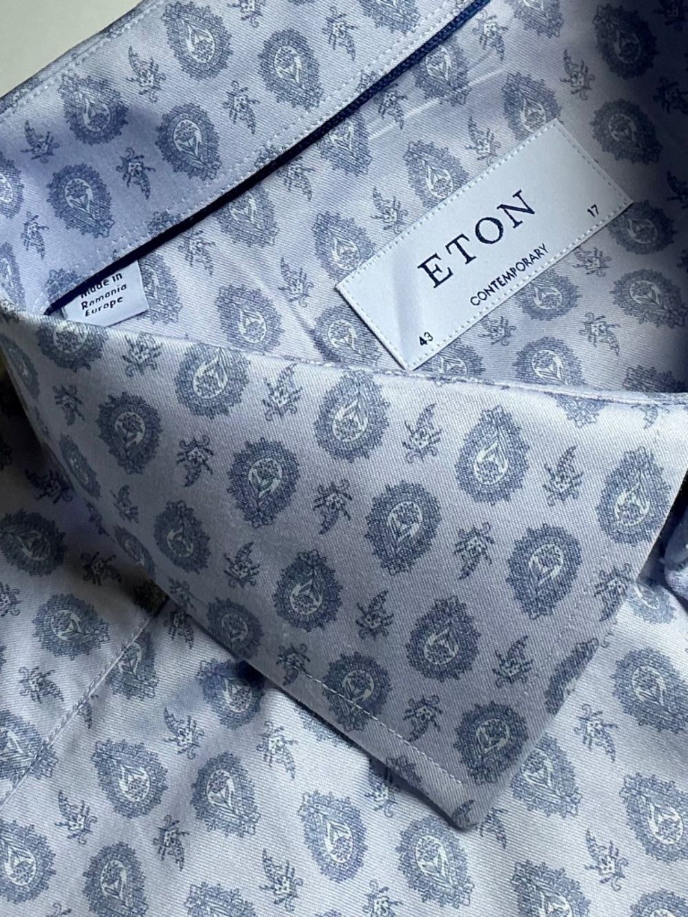 ETON contemporary light gray , nice print cotton shirt Sz 17~43 made in Romania
